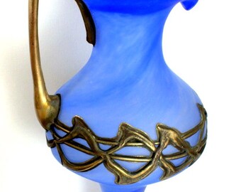 Filip Ravert Art Glass Vase: Blue Fluted Pitcher With Bronze