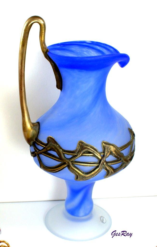 Filip Ravert Art Glass Vase: Blue Fluted Pitcher With Bronze