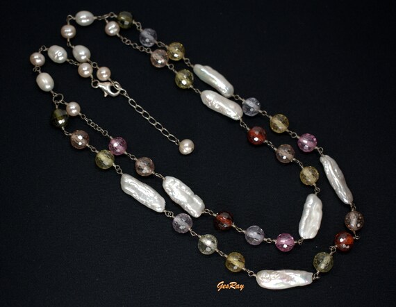 Keshi Biwa Pearl and Multi Color Crystal Necklace 925