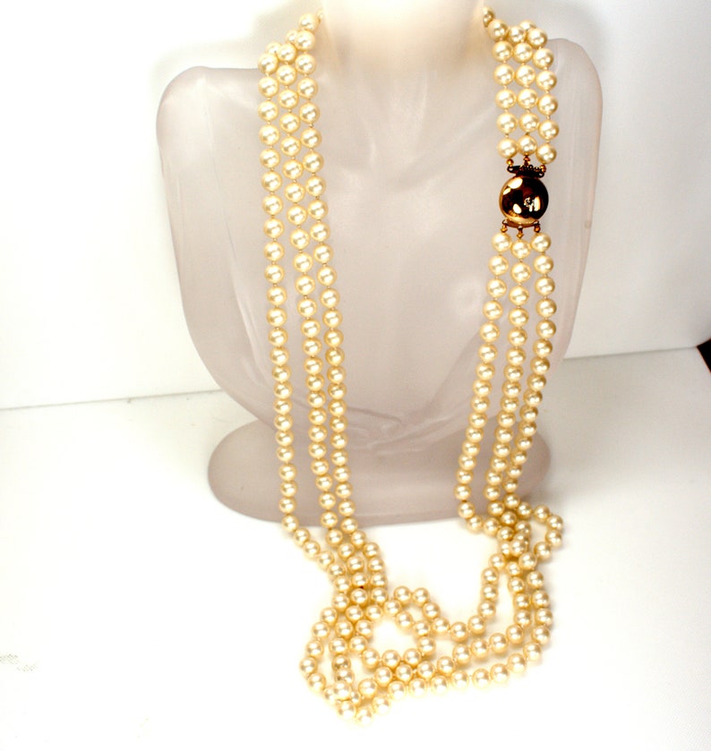 Designer Glass Pearl Multi Strand Opera Necklace Hand Knotted Very Heavy, Statement Designer Pearl Jewelry