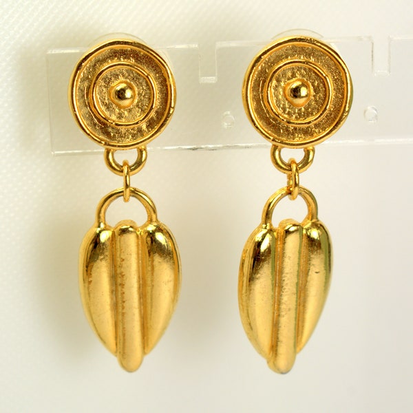 Vintage 1980's Gold Tone Hammered Dangle Drop Earrings