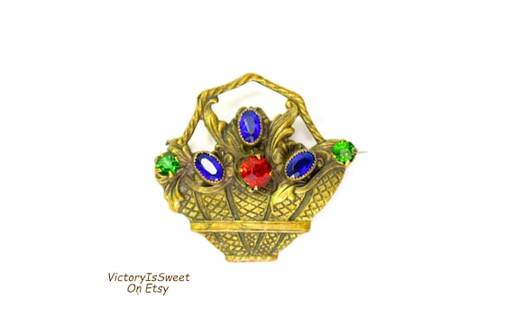 Antique Brass Brooch: Czech Glass Floral Basket, Art Nouveau Revival