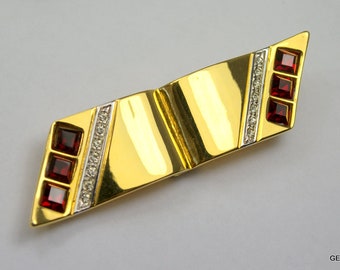 Mid Century Modern Gold Ruby Red Crystal Bar Pin Brooch Pave Crystal