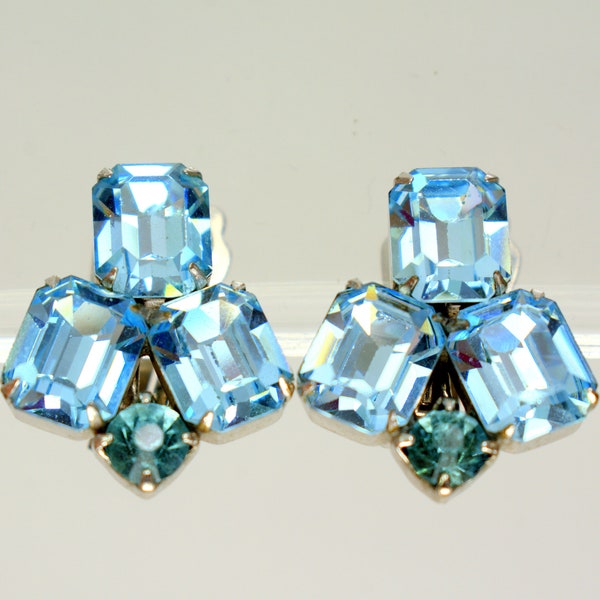 Weiss Clip on Earrings Aqua Blue Glass Rhinestones, Vintage 50's Weiss Jewelry