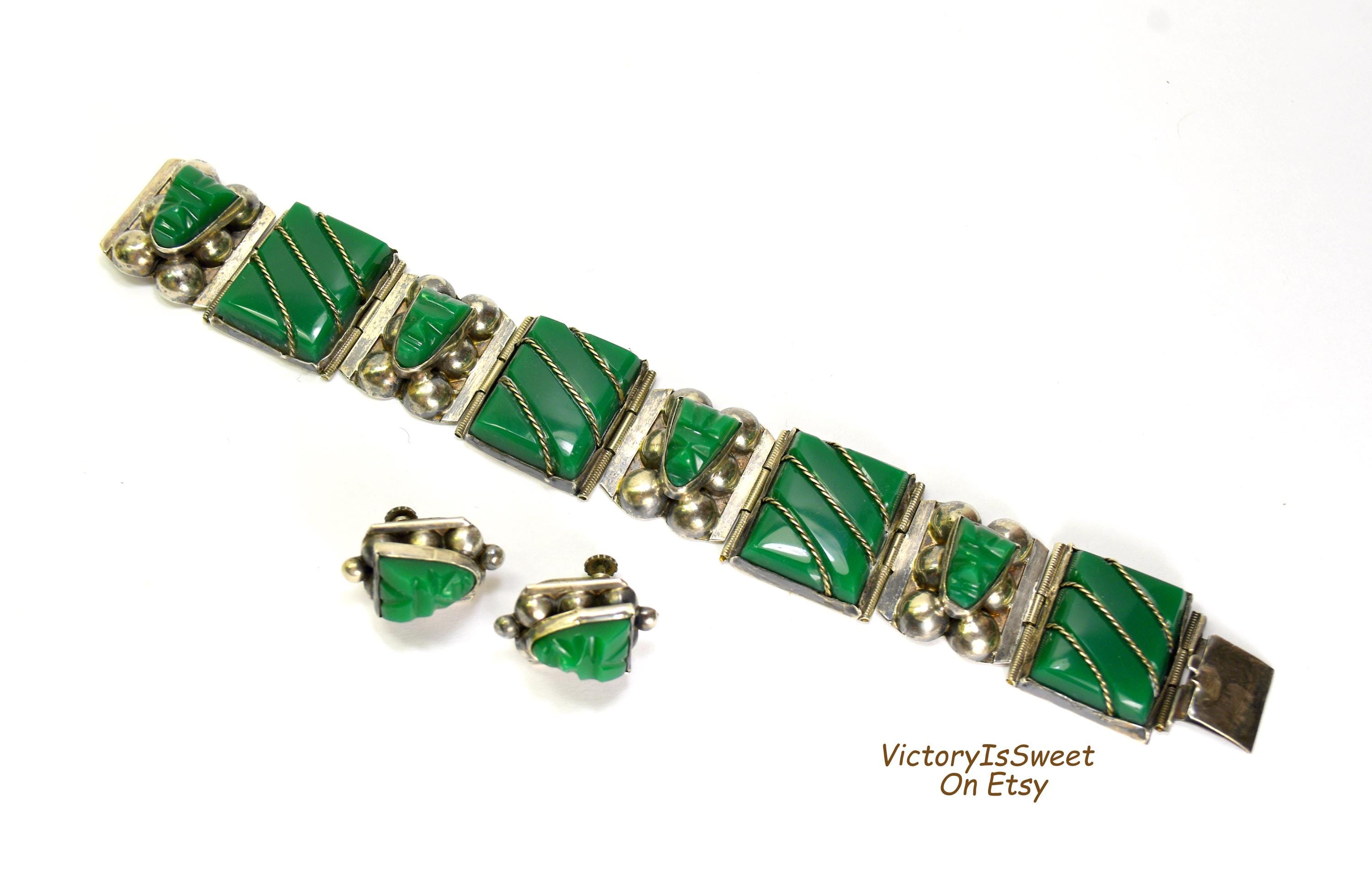 Vintage Hecho En Mexico Sterling Silver Green Onyx Mayan Mask