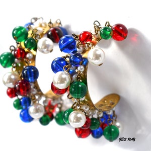 1930s Early MIRIAM HASKELL Red Blue Green Gripoix Glass Bead Dangle Hoop Earrings Unsigned