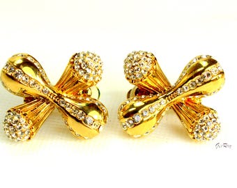 Statement Earrings Clip-on Gold-Plated Crystal, Telio by Doris Panos CN Crown Nine