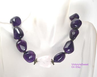 Art Studio Amethyst Collar Necklace Rose Quartz Sterling Silver Toggle, Artisan Jewelry