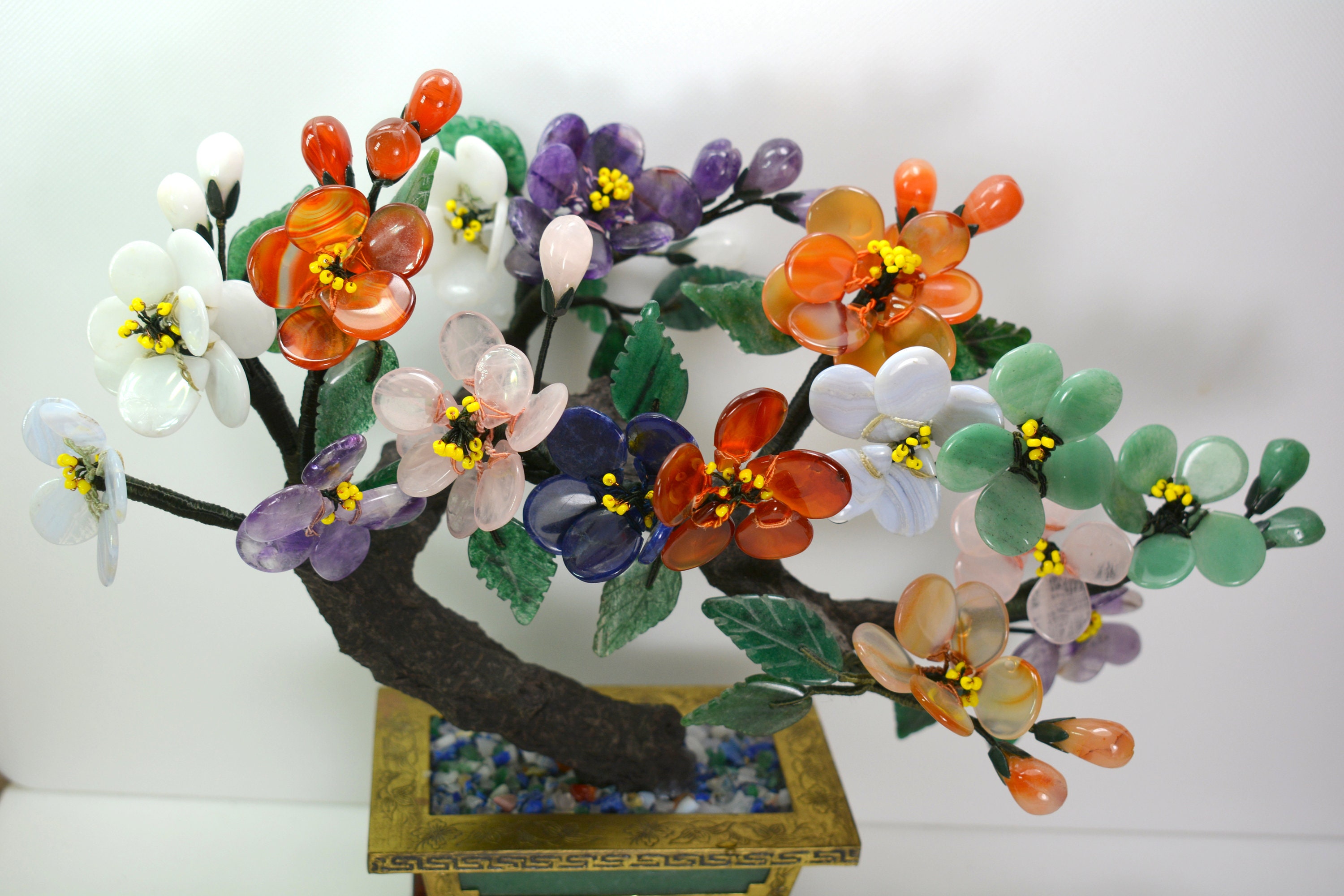 天然石と木材のハンマー型置物 Vintage Gemstone Bonsai Tree Sculpture Asian, Semi Precious