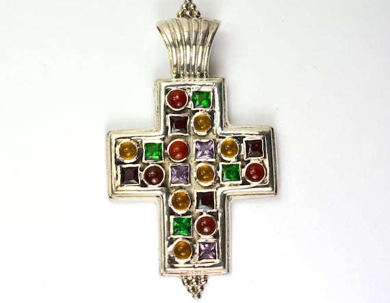 Vintage Cross Pendant Sterling Silver 925 Gemston… - image 3