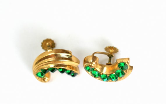 Vintage Emerald Green Rhinestone Earrings Screw B… - image 3
