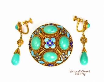 Antike chinesische Export Sterling Türkis Brosche Filigrane Ornament Emaille Baumeln Jade Ohrringe Schmuck Set