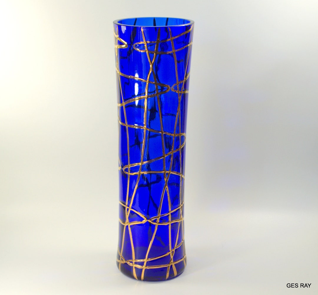 Modern Art Glass Mid Century Vase Cobalt Blue Gold Gilded Italian ...