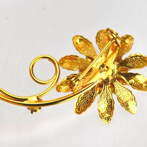 Brooch Pin Gold Plated Flower Floral Ruby Red Rhinestones