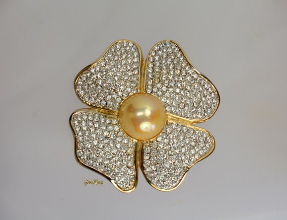 Pave Crystal Blooming Flower Brooch Pin Faux Pear… - image 6