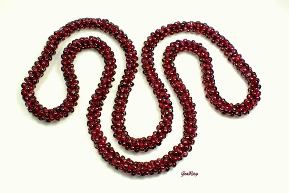 Vintage Woven Seed Bead Garnet Necklace Semi Prec… - image 2