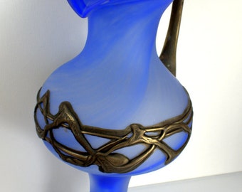 Filip Ravert Art Glass Vase: Blue Fluted Pitcher With Bronze