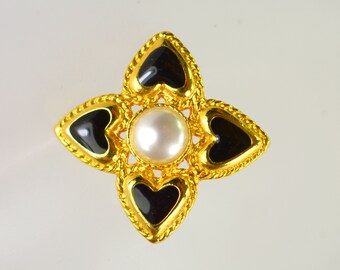 Vintage Brooch Pin Hearts Cross, Black Enamel Faux Pearl