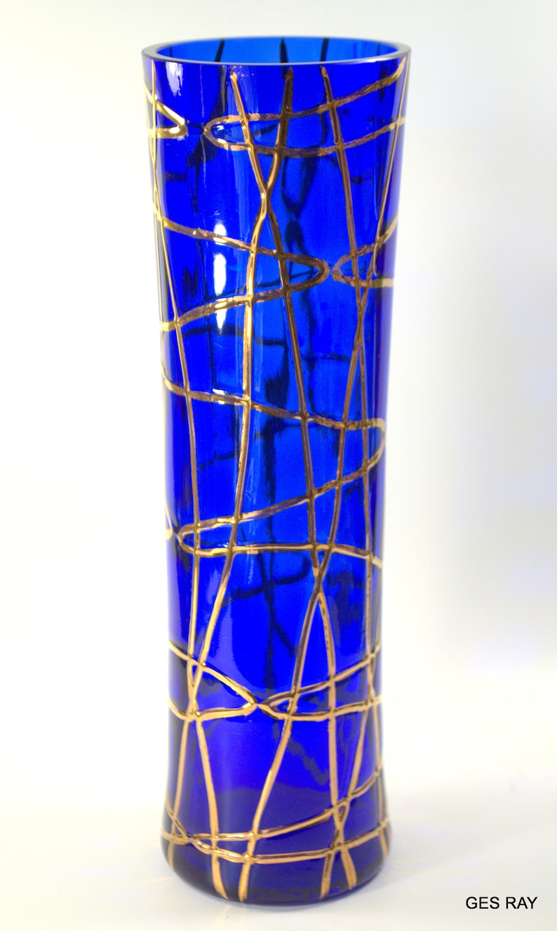 Modern Art Glass Mid Century Vase Cobalt Blue Gold Gilded Italian ...