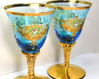 Antique Hand Painted 24KT Murano Italy Art Glass Blue Two Wine Goblets Glass