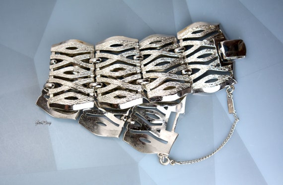 Monet Silver Tone Filigree Wide Link Bracelet, Si… - image 1