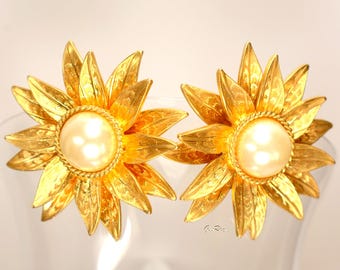 Les Bernard Gold Flower Clip On Earrings: Couture Faux Pearl Jewelry