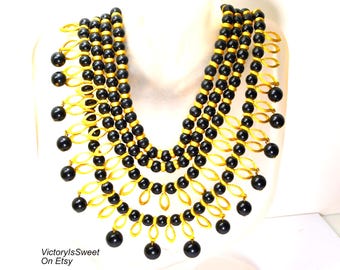 Vintage Kramer Gold Black Lucite Choker Necklace Multi Strand Layered 1950s