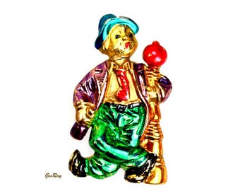 Vintage Elle Enamel Clown Brooch: Gold Tone Pierrot Pin