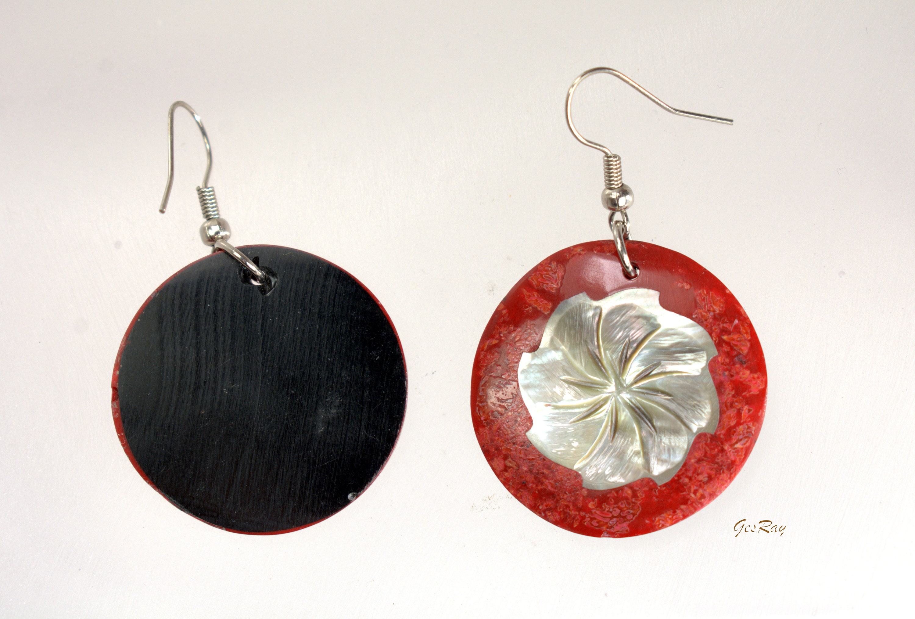 Boucles D'oreilles Pendantes Vintage En Argent Massif Avec Corail, Nacre Et Bois - Fermoir Dormeuse, Style Bohème Unique