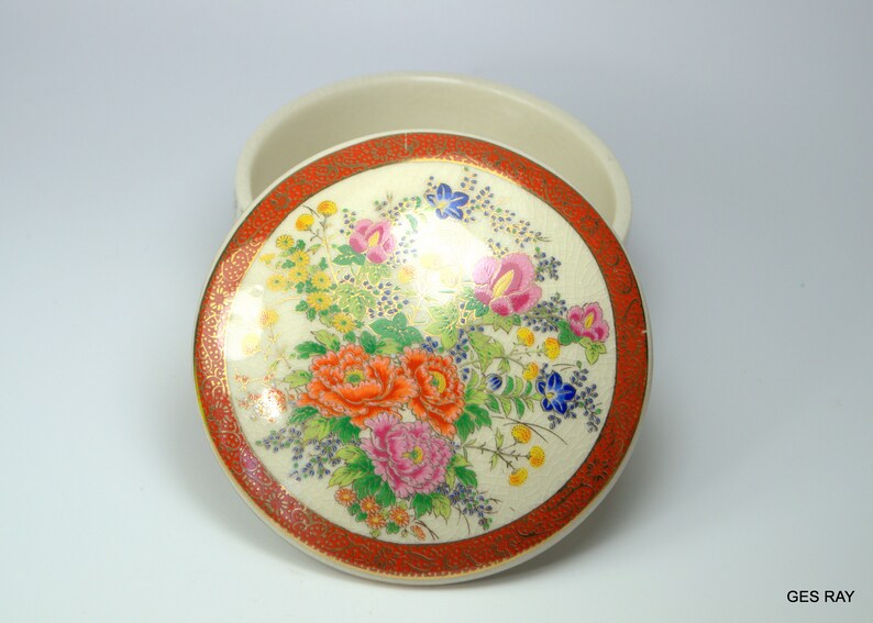 Oriental Japanese Satsuma Porcelain Trinket Box Crackle Glaze Etsy