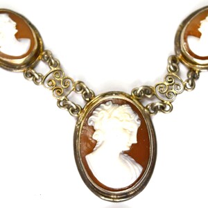 Antique Silver Cannetille Filigree Carved Shell Cameo Bracelet Necklace, Jewelry Set