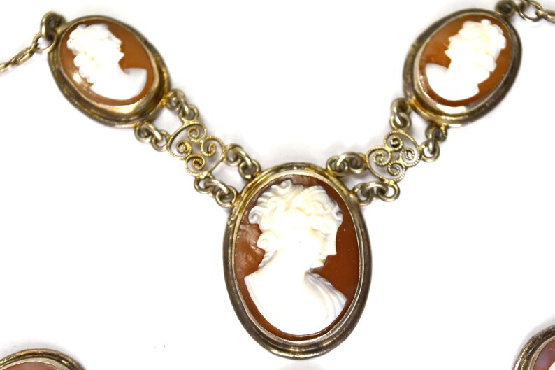 Antique Silver Cannetille Filigree Carved Shell Cameo Bracelet Necklace, Jewelry Set