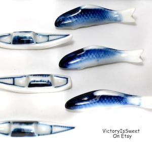 Set Of 4 Japanese Ceramic Chopstick Rests – Blue Carp Fish Hashioki, Made In Japan