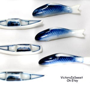 Set Of 4 Japanese Ceramic Chopstick Rests – Blue Carp Fish Hashioki, Made In Japan