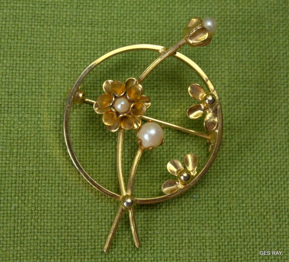 Art Nouveau Brooch Pin Floral Design Gold Genuine… - image 2