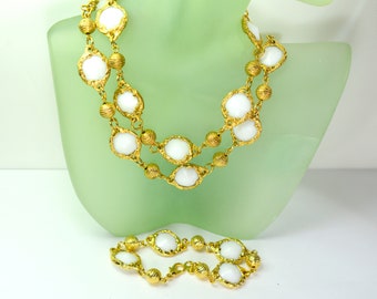 Bezel Set Faceted Faux Milk Glass Lucite Jewelry Necklace and Bracelet