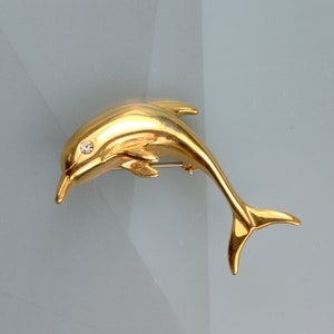 Vintage Krementz Dolphin Brooch Pin 14K Gold Plated Fish, Krementz Jewelry Brooches