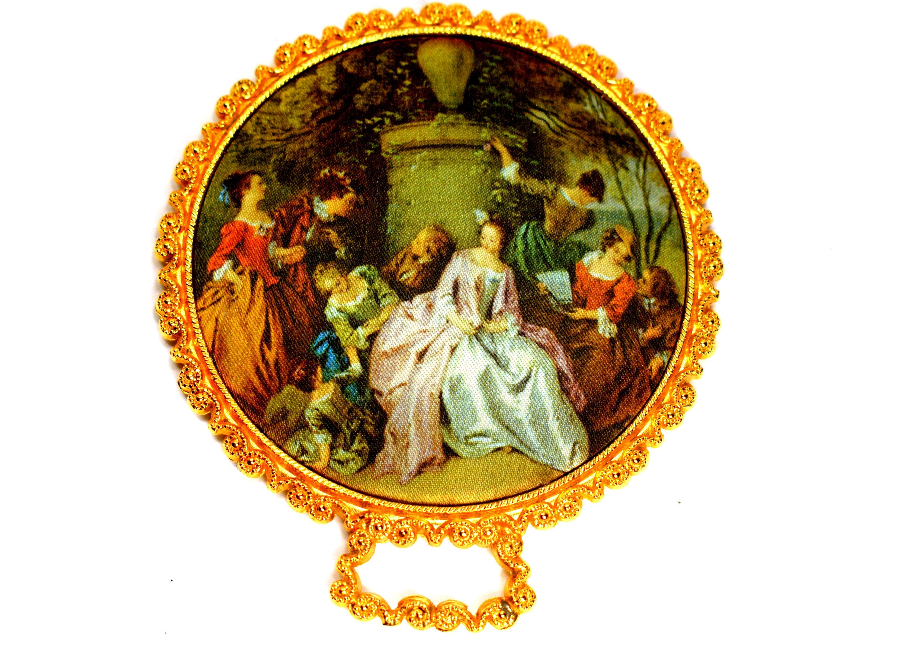 Antique Brass Hand Mirror: Victorian Silk Rococo Scene, 1940s