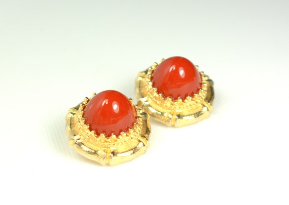 Vintage Kenneth Jay Lane Gold Carnelian Cabochon … - image 1