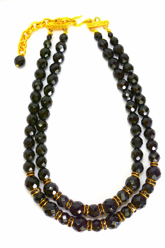 Vintage French Jet Black Crystal Necklace: Double… - image 3