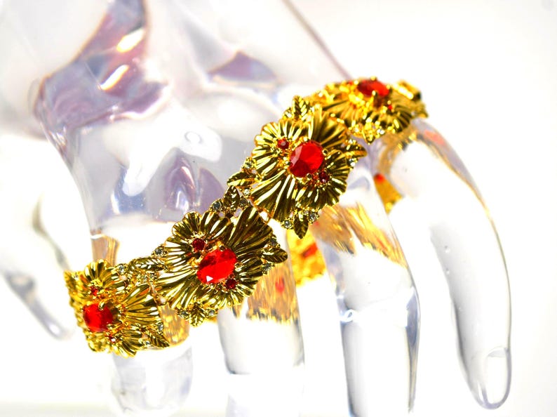 Camrose and Kross Jacqueline Kennedy Jewelry Bracelet JBK Faux Ruby Crystals Gold Tone