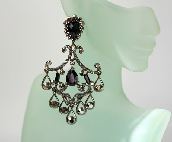 Gunmetal Jet Marcasite Filigree Chandelier Earring