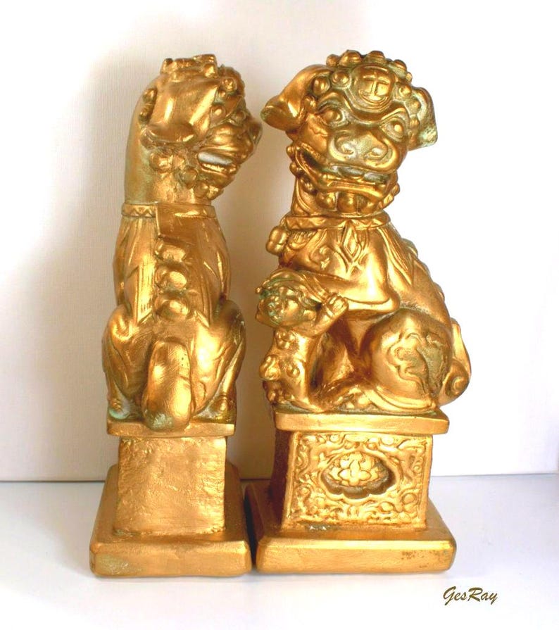 Gold Foo Dog Bookends: Vintage Feng Shui Decor