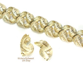 Lisner Vintage Schmuck Armband Ohrringe Strukturierte Rhodium überzogene Feder oder Blatt Links