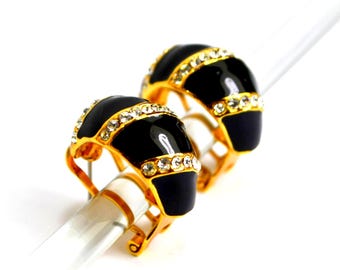 Half Hoop Vintage Earrings Pierced Black Enamel Crystal