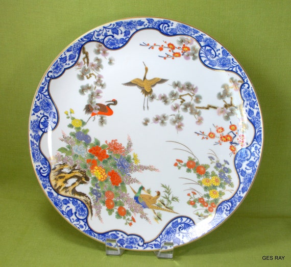 ヴィンテージ 大皿 青 白い鶴と花の陶器皿 ビンテージ 大皿 和食器