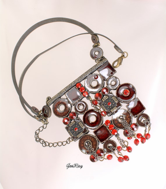 Statement Necklace Ruby Red Crystal Rhinestones P… - image 1