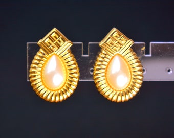 Authentic Vintage Givenchy Logo Faux Pearl Earrings Gold, Givenchy Paris New York