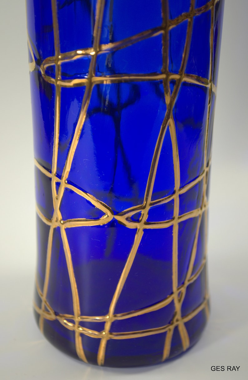 Modern Art Glass Mid Century Vase Cobalt Blue Gold Gilded Italian ...