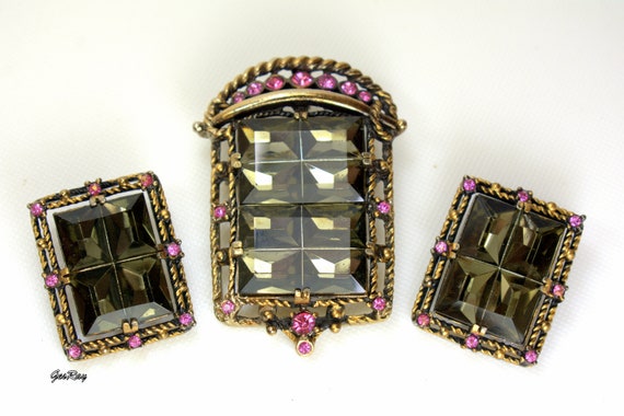 Sarah Cov Topaz Glass Crystal Brooch / Earrings, … - image 5
